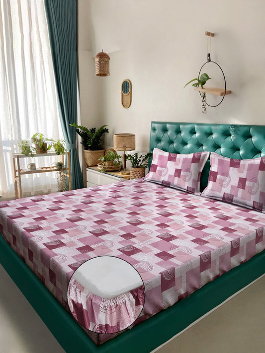 Pink Geometric 400 TC Pure Cotton Fitted Double Bedsheet with 2 Pillow Covers