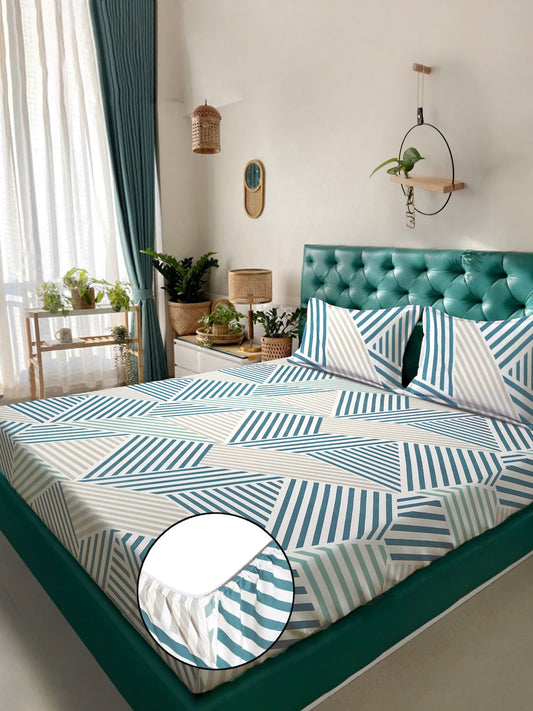 Green Geometric 300 TC Cotton Blend Fitted Double Bedsheet with 2 Pillow Covers