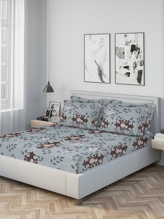 Multi Geometric 300 TC Cotton Blend Fitted Double Bedsheet with 4 Pillow Covers
