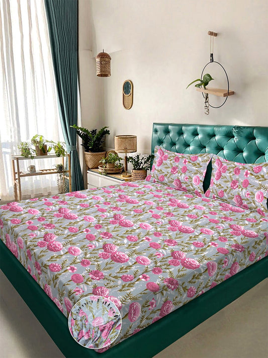 Pink Floral 300 TC Cotton Blend Fitted Double Bedsheet with 2 Pillow Covers
