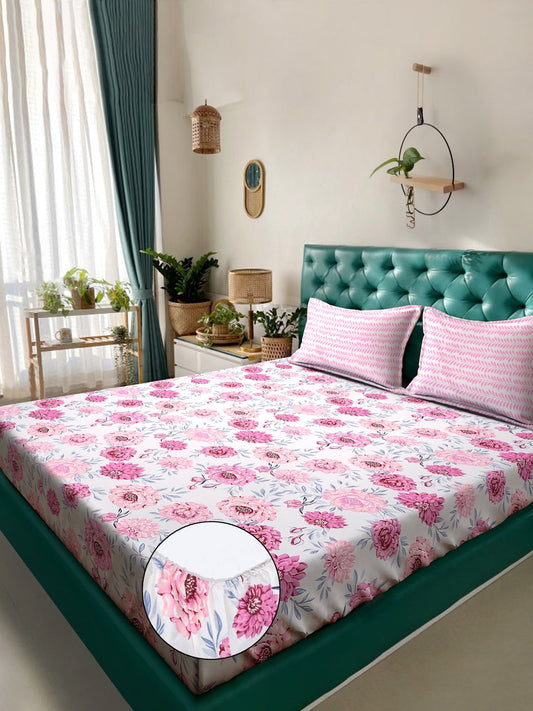Pink Floral 300 TC Cotton Blend Fitted Double Bedsheet with 2 Pillow Covers