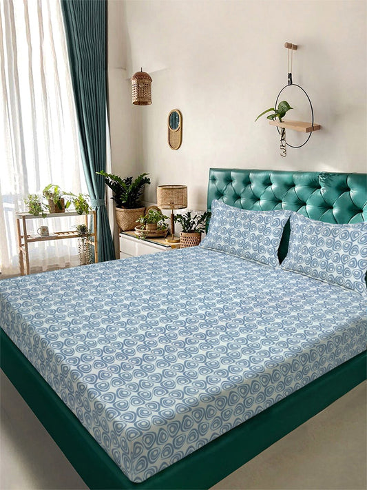 Blue Geometric 300 TC Cotton Blend Double Bedsheet with 2 Pillow Covers