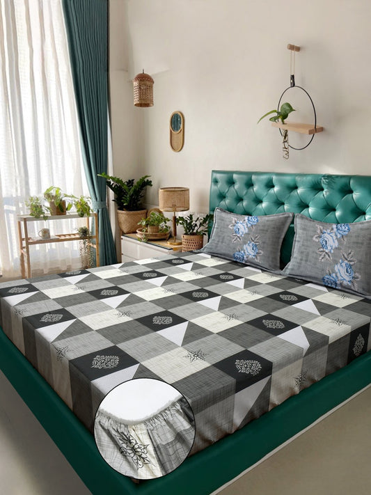 Grey Geometric 400 TC Pure Cotton Super King Fitted Double Bedsheet with 2 Pillow Covers