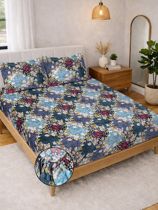 Blue Floral Cotton Blend Fitted Double Bedsheet with 2 Pillow Covers