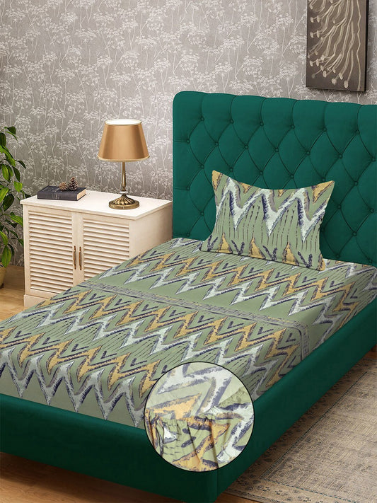 Green Geometric 300 TC Cotton Blend Fitted Single Bedsheet with Pillow Cover