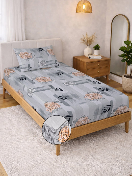 Grey Floral Cotton Blend Fitted Single Bedsheet with Pillow Cover