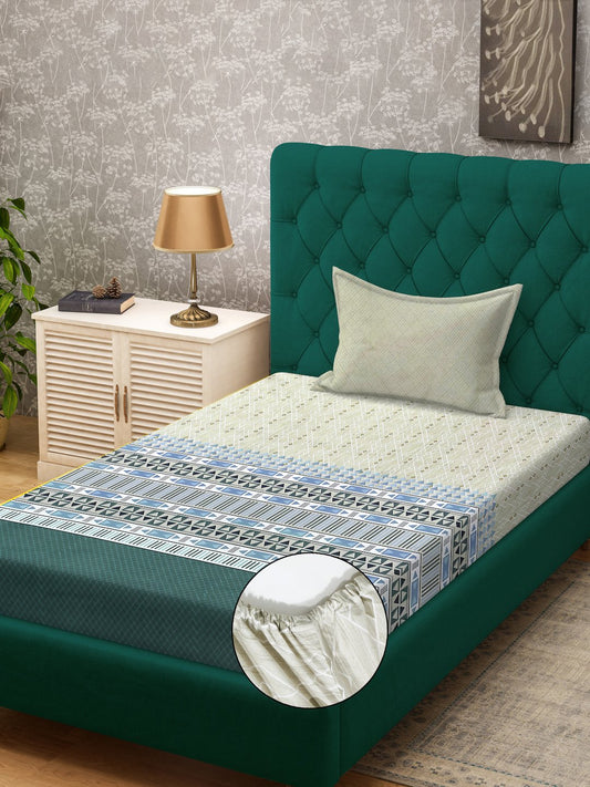 Olive Geometric 400 TC Pure Cotton Fitted Single Bedsheet with Pillow Cover