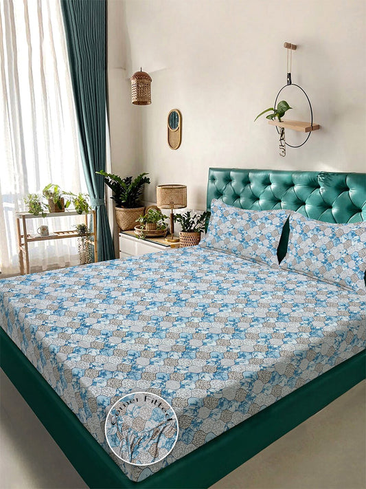 Blue Floral 300 TC Cotton Blend Fitted Double Bedsheet with 2 Pillow Covers