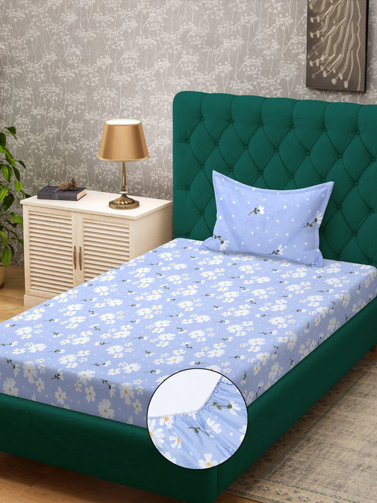 Blue Floral 300 TC Cotton Blend Fitted Single Bedsheet in Book Fold Packing