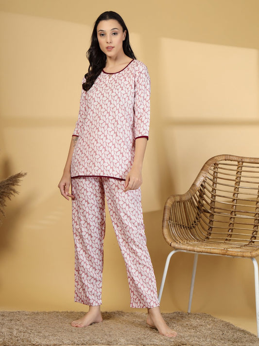 Women Peach Floral Cotton Blend Night Suit