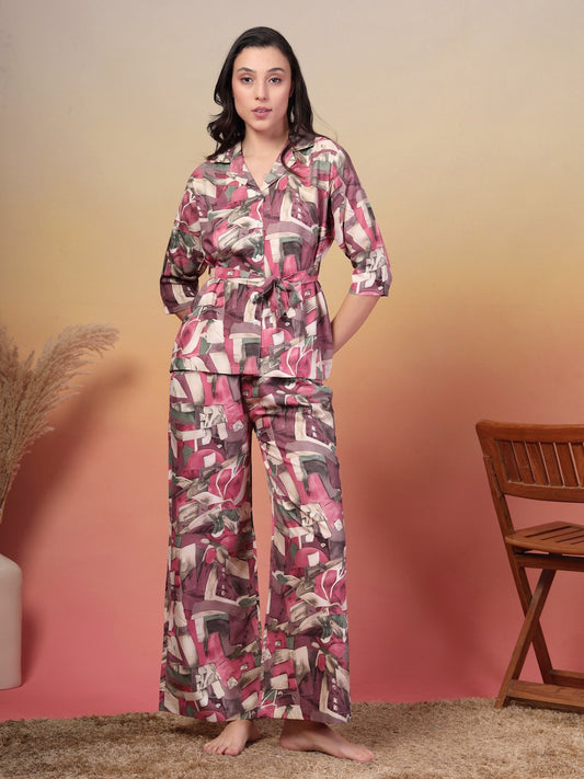Women Pink Abstract Cotton Blend Night Suit with Robe
