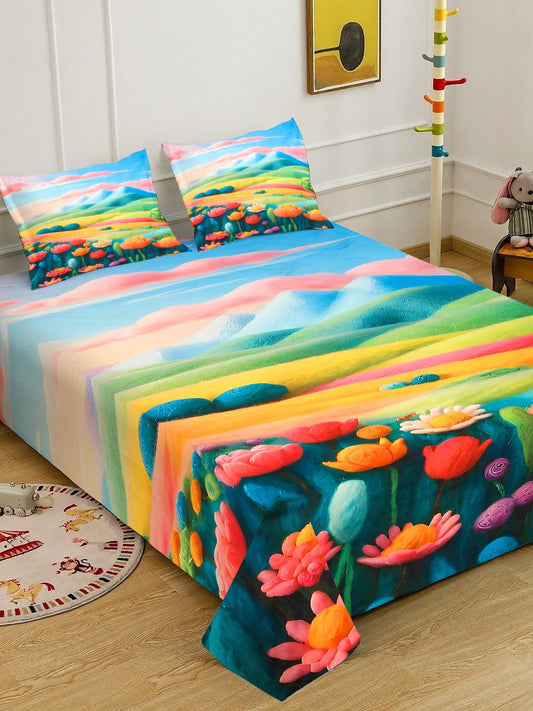 Multi Cartoon Characters 7D King Size Cotton Blend Double Bedsheet with 2 Pillow Covers