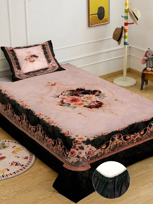 Multi Digital Floral Printed Cotton Blend Fitted Single Bedsheet with Pillow Cover