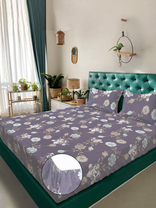 Multi Floral 300 TC Cotton Blend Fitted Double Bedsheet with 2 Pillow Covers