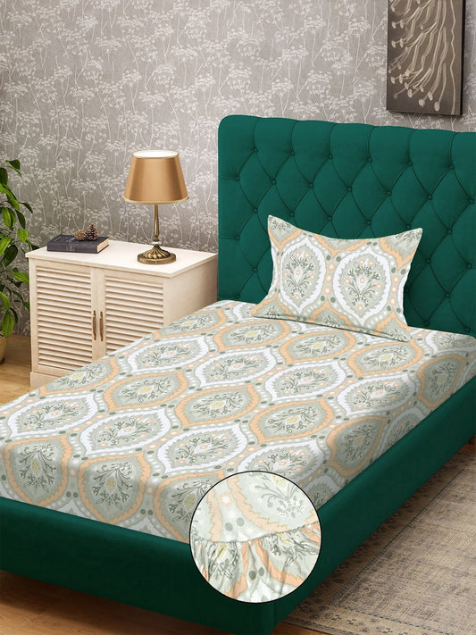 Multi Geometric 300 TC Cotton Blend Fitted Single Bedsheet with Pillow Cover