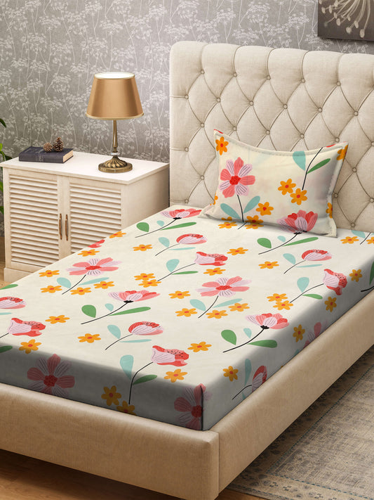Klotthe Cream Floral 300 TC Cotton Blend Single Bedsheet with Pillow Cover