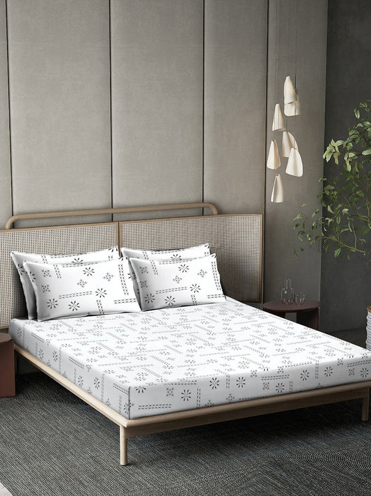 OffWhite Geometric 400 TC Pure Cotton Super King Double Bedsheet with 4 Pillow Covers