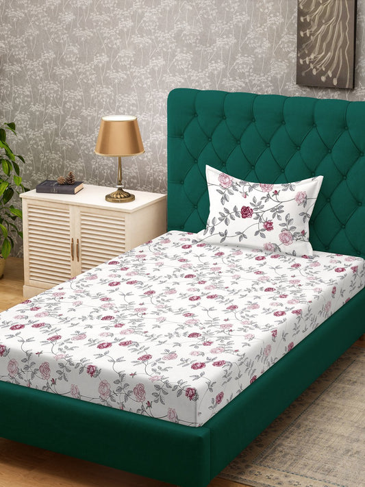 Cream Floral 300 TC Cotton Blend Single Bedsheet with Pillow Cover