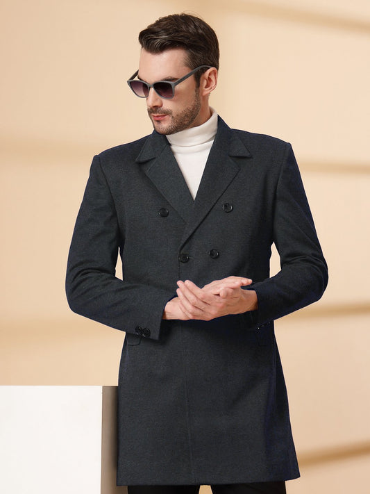 Dark Grey Long Sleeve Double-Breasted Woolen Coat