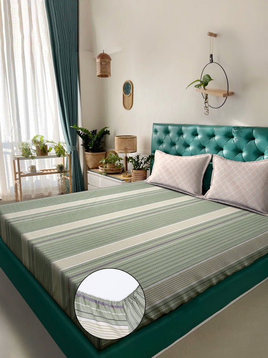 Green Striped 300 TC Cotton Blend Fitted Double Bedsheet with 2 Pillow Covers