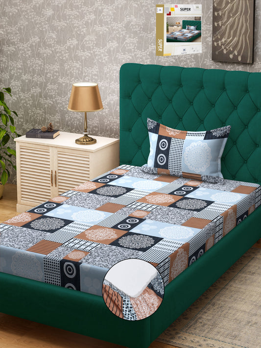 Klotthe SkyBlue Geometric 300 TC Cotton Blend Fitted Single Bedsheet Set in Book Fold Packing
