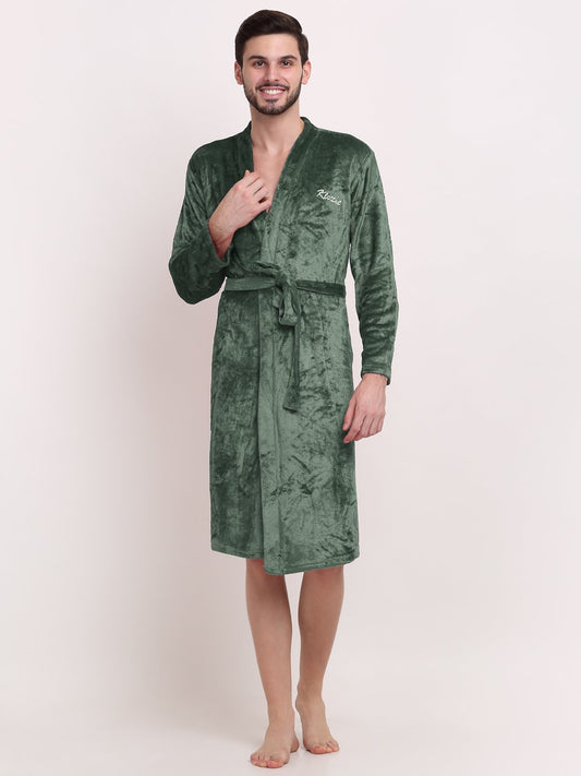 Men Green Solid Wool Bath Robe With Belt
