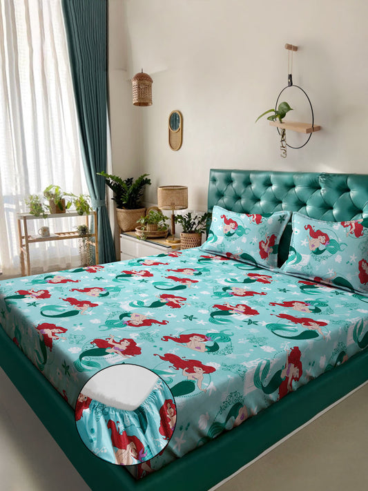 Klotthe Turquoise Cartoon Characters 400 TC Pure Cotton Fitted Double Bedsheet with 2 Pillow Covers