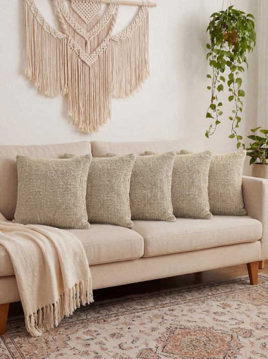 Beige Set of 5 Self Design Pure Cotton Cushion Covers (40X40 cm)