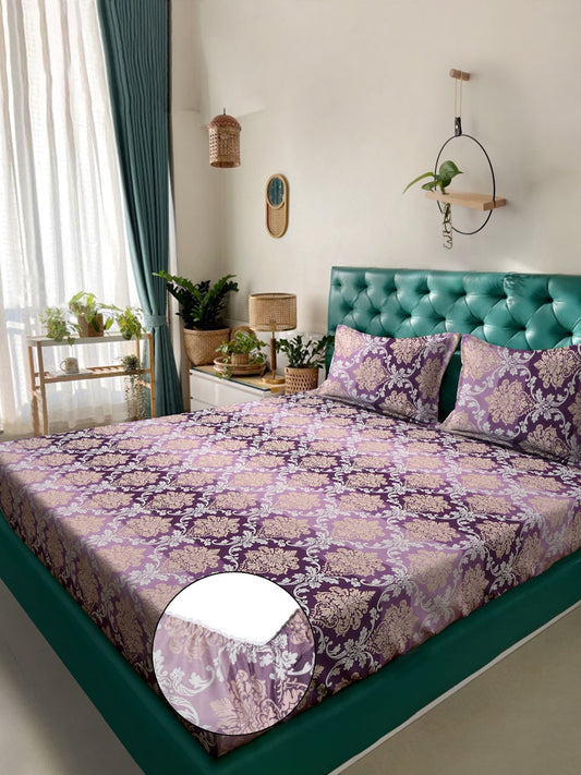 Purple Floral 300 TC Cotton Blend Fitted Double Bedsheet with 2 Pillow Covers