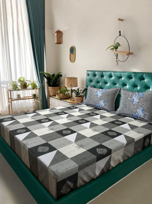 Grey Geometric 400 TC Pure Cotton Super King Double Bedsheet with 2 Pillow Covers