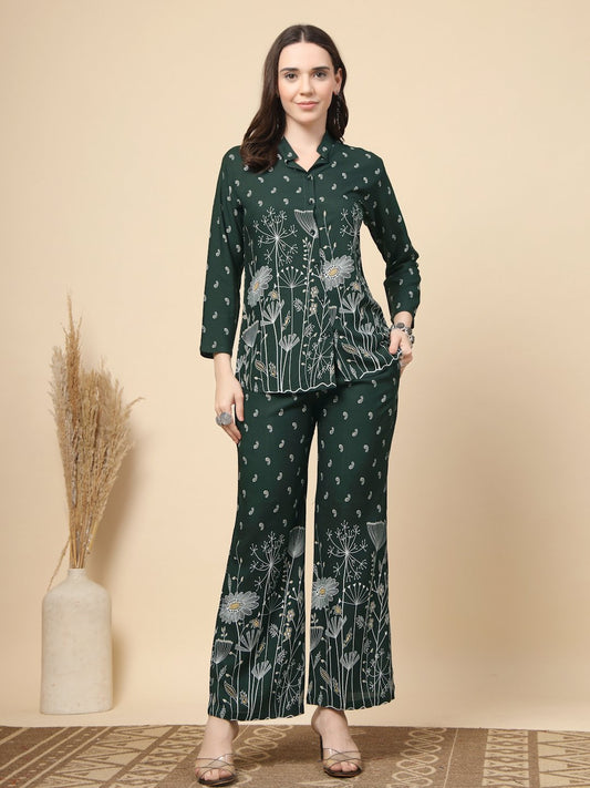 Green Cotton Printed Shirt With Trousers Co-Ords Set