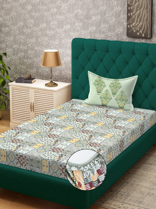 Multi Geometric 400 TC Pure Cotton Fitted Single Bedsheet with Pillow Cover