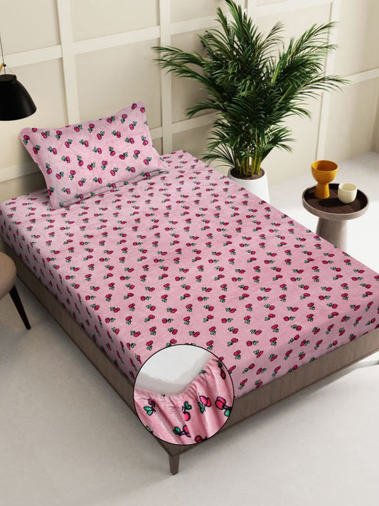 Pink Cartoon Characters Woolen Fitted Single Bed Sheet with Pillow Cover