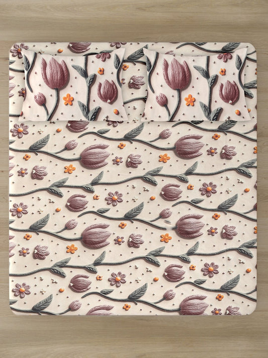 Cream Floral 7D King Size Cotton Blend Double Bedsheet with 2 Pillow Covers