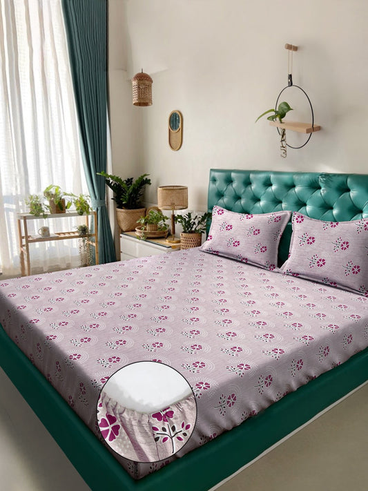 Pink Floral 400 TC Pure Cotton Fitted Double Bedsheet with 2 Pillow Covers