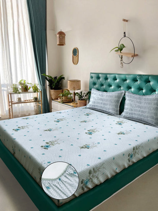 Grey Floral 400 TC Pure Cotton Fitted Double Bedsheet with 2 Pillow Covers