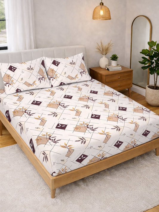 Cream Geometric Cotton Blend Double Bedsheet with 2 Pillow Covers