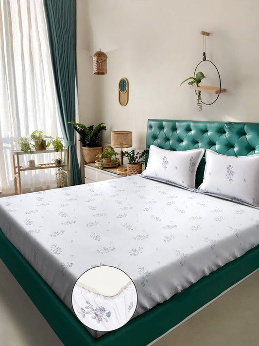 White Floral 400 TC Pure Cotton Super King Double Bedsheet with 2 Pillow Covers