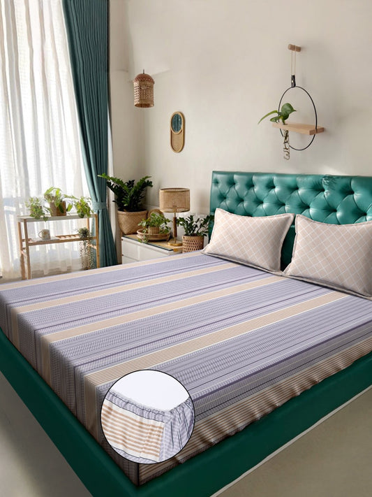 Purple Striped 300 TC Cotton Blend Fitted Double Bedsheet with 2 Pillow Covers