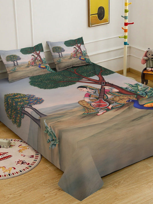 Multi Digital Ethnic Motifs Printed Cotton Blend Double Bedsheet with 2 Pillow Covers