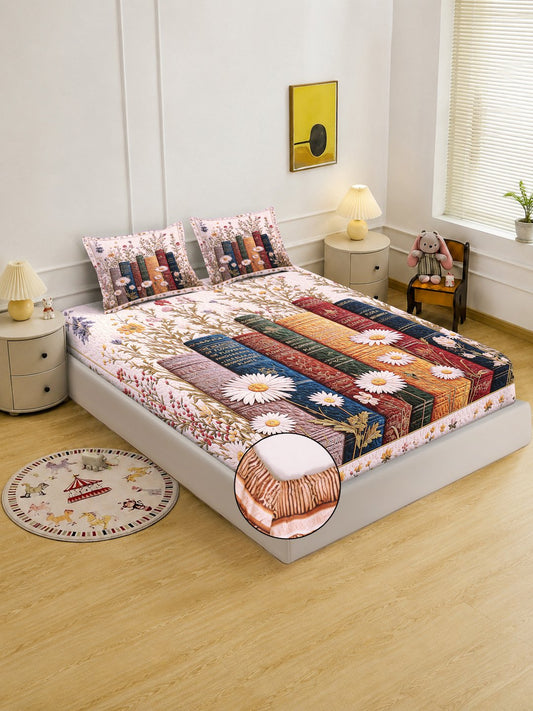 Digital Printed Multi Floral Cotton Blend Fitted Double Bedsheet with 2 Pillow Covers