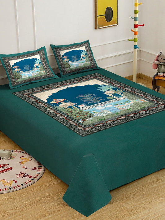 Green Digital Ethnic Motifs Printed Cotton Blend Double Bedsheet with 2 Pillow Covers