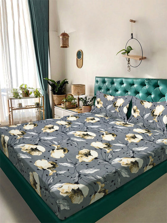 Grey Floral 300 TC Cotton Blend Double Bedsheet with 2 Pillow Covers