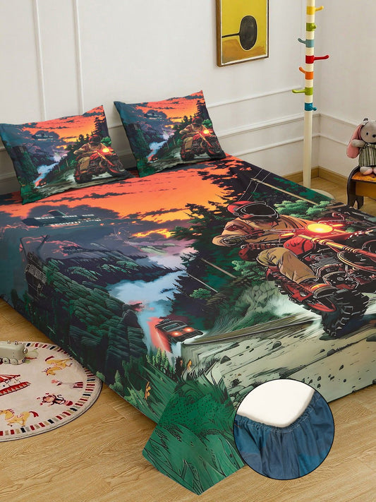 Green Digital Graphic Printed Cotton Blend Fitted Double Bedsheet with 2 Pillow Covers