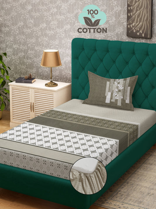 Klotthe Olive Geometric 400 TC Pure Cotton Fitted Single Bedsheet with Pillow Cover