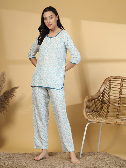 Women Blue Floral Cotton Blend Night Suit