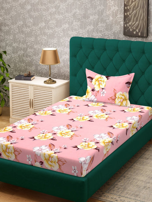 Pink Floral 300 TC Cotton Blend Single Bedsheet with Pillow Cover