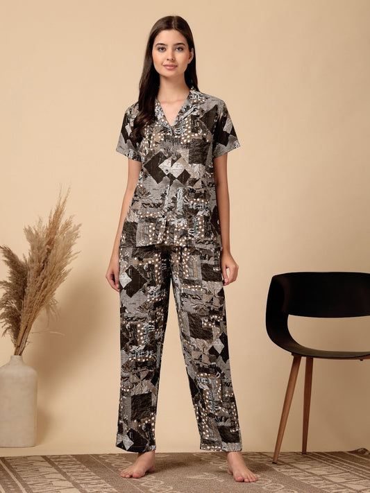 Brown Geometric Cotton Blend Women Night Suit