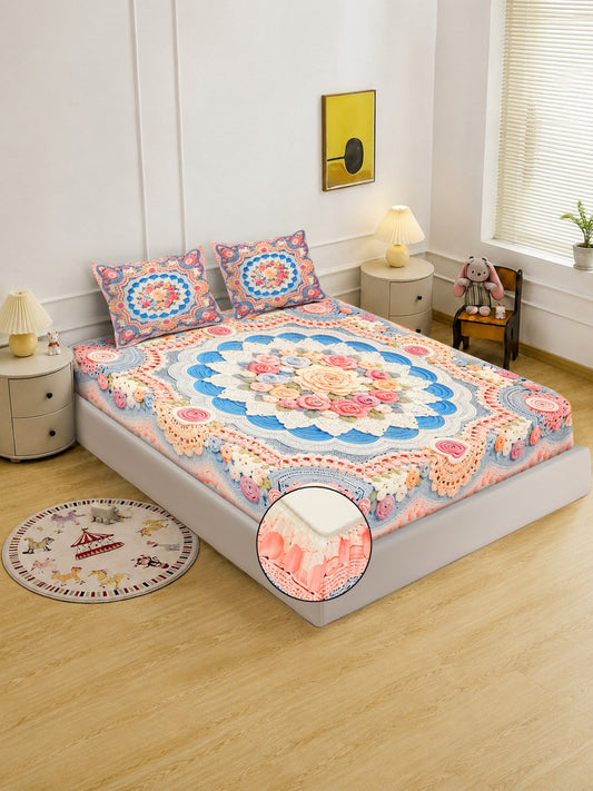 Digital Printed Multi Floral Cotton Blend Fitted Double Bedsheet with 2 Pillow Covers