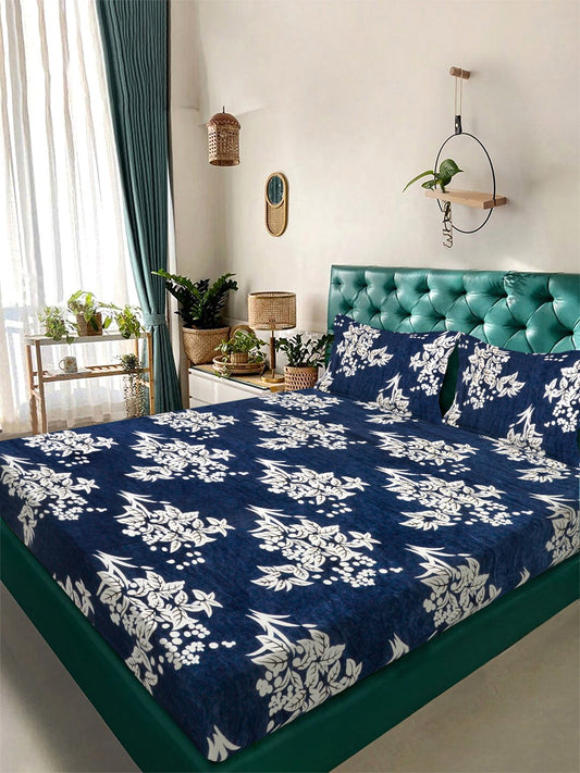 Blue Floral Super King Woolen Double Bedsheet with 2 Pillow Covers